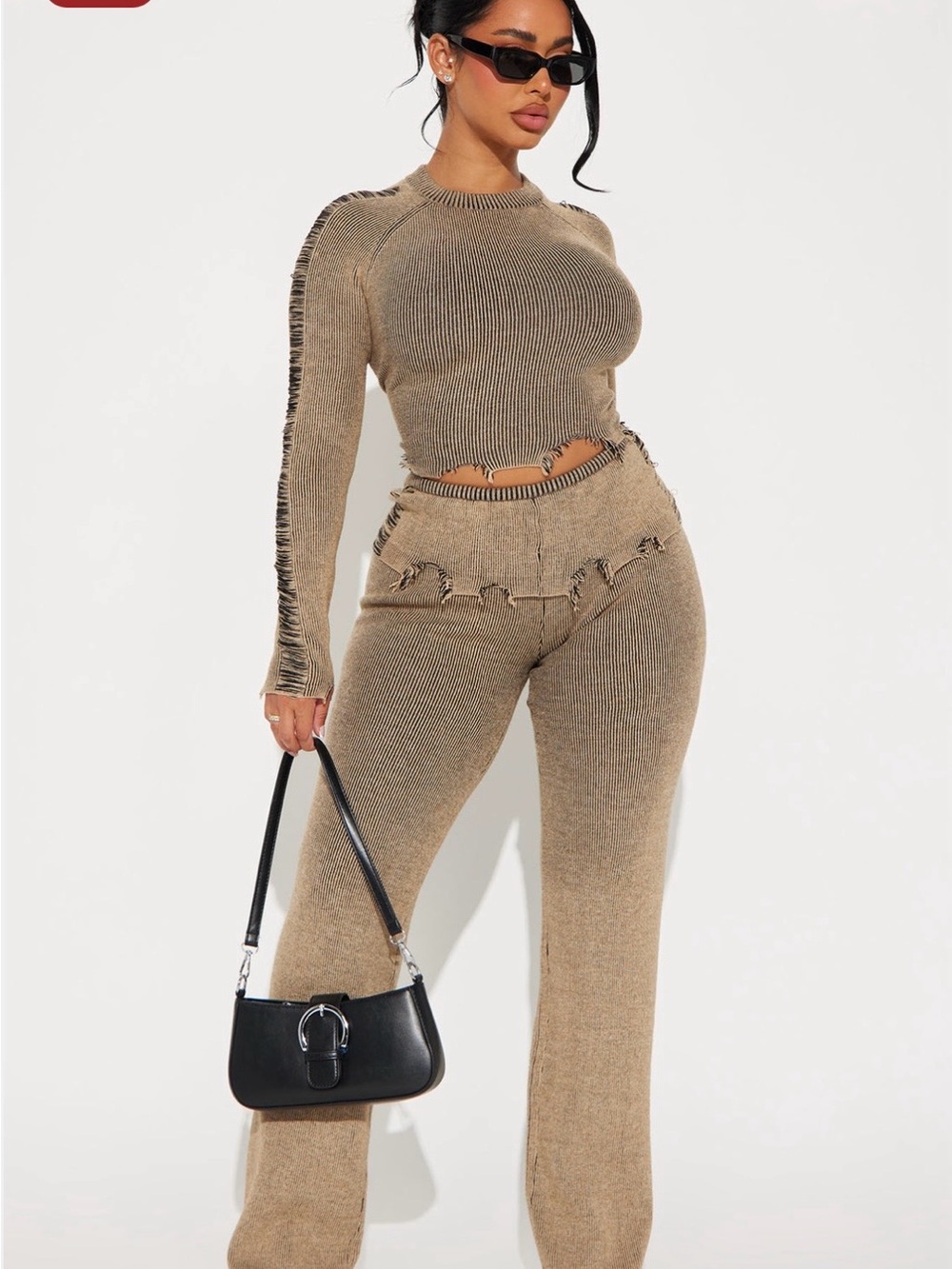 FashionNova Ribbed Distressed Knit Two-Piece Pants Set